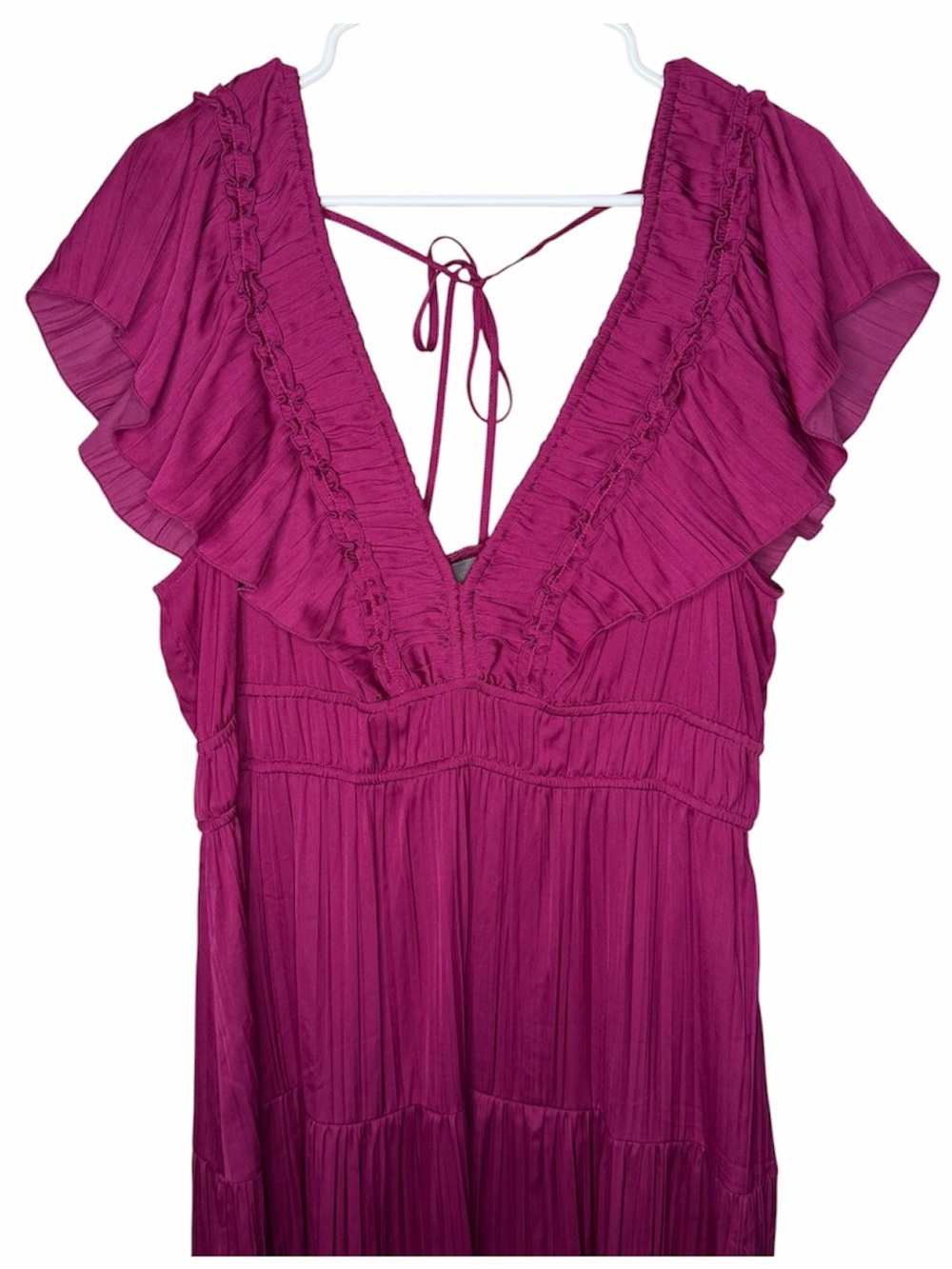 Anthropologie Ruffle Tiered Midi Dress Size XL Raspberry Flutter Sleeve Satin - Picture 7 of 13